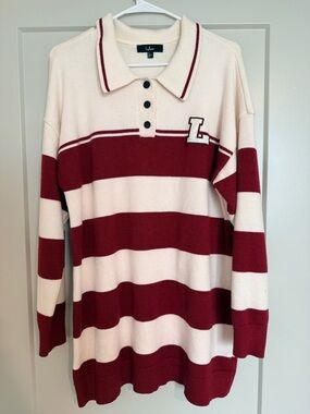 Lulus Ivory And Red Striped Collared Sweater Mini Dress White - Size L